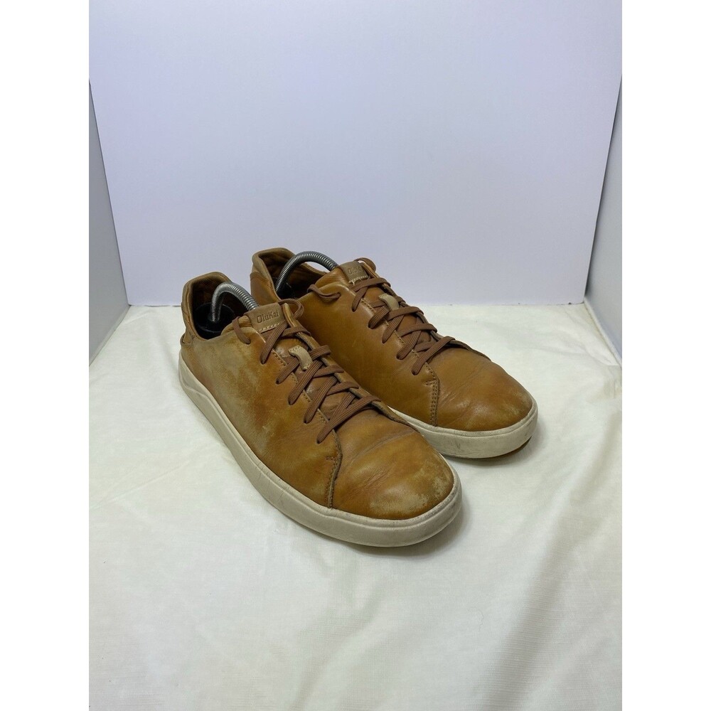 OluKai Men's Lae'ahi Lī 'Ili Leather Lace Up Sneakers Fox Tan Brown Size 10.5